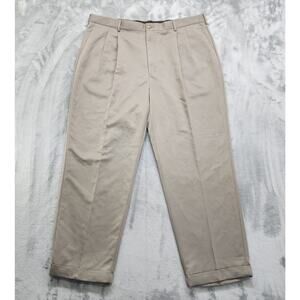 Taylor & Henry Pant Mens 42/30 Brown Pleated Relaxed Cuffed Microfiber Polyester